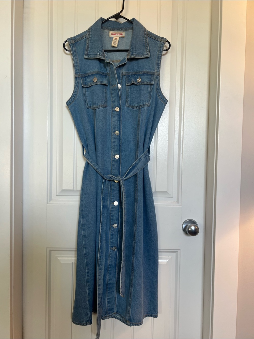 Lone Star Sleeveless Denim Shirt Dress in Blue with Tie Waist